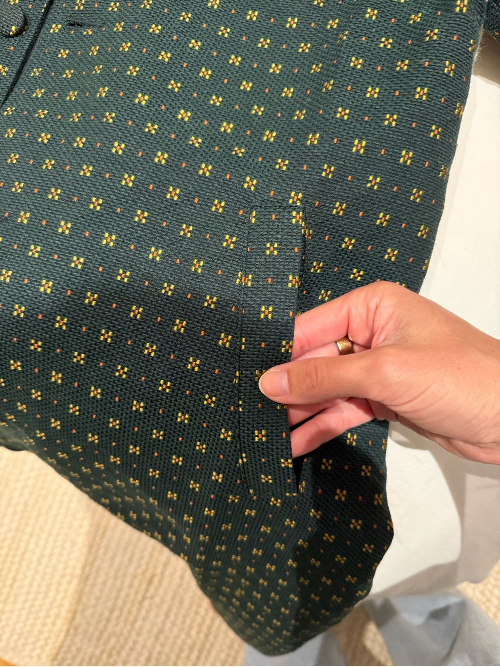 DONNI. Dark Green Daisy Coat with Yellow and Orange Accent Dots - Picture 5 of 11